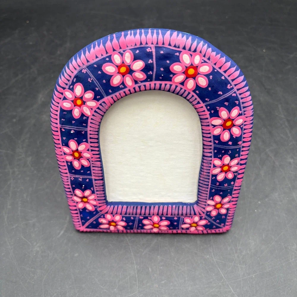 Mexican Folk Art Terra Cotta Picture Frame Hand Painted Blue Pink Floral Arched